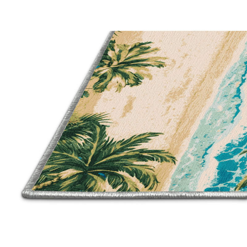 Washable Caribbean Beach Coastal Area Rug, Round 8'
