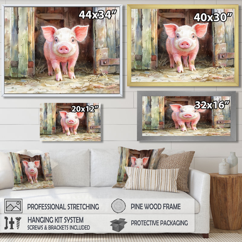 «Cute Farm Pig Portrait - Art mural encadré de cochon», Cadre flottant noir, 16" H x 32" W