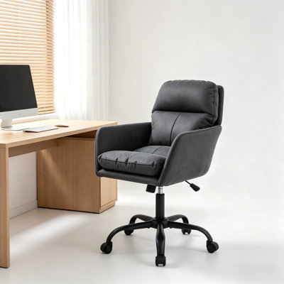 Chaise de bureau en polyuréthane pour bureau à domicile, chaise rembourrée souple, fauteuil d'appoint, chaise de bureau pivotante avec base en métal, design doux et confortable, ergonomique et relevable pour étudier et se détendre, noir