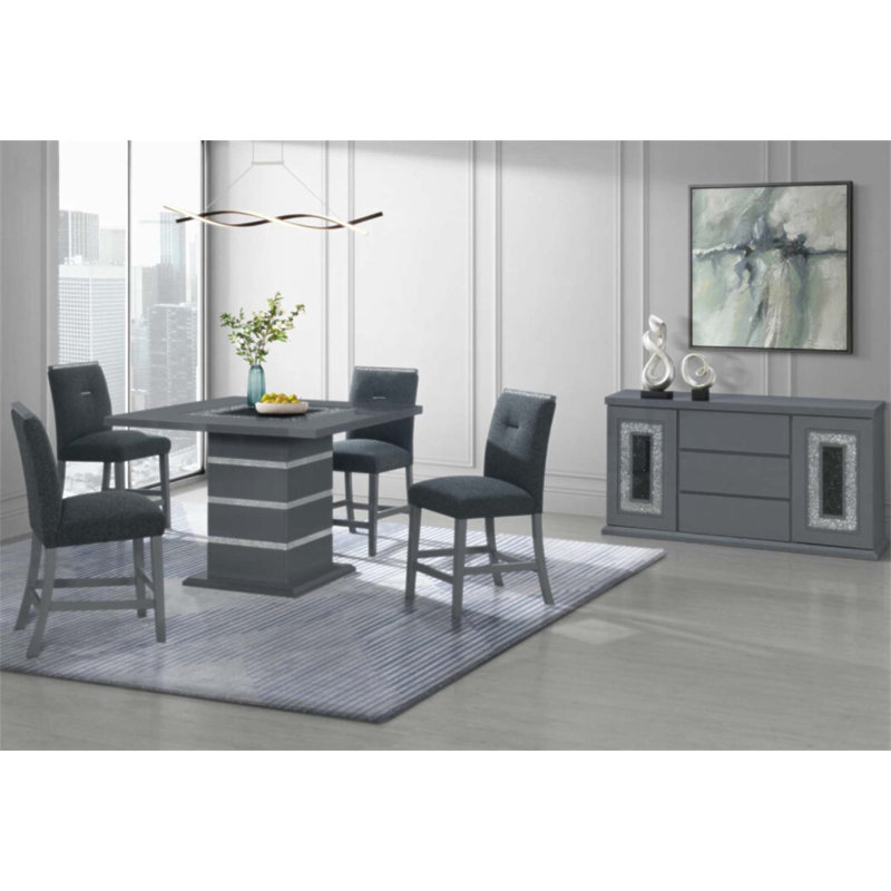 Élégant buffet gris contemporain avec finition ultrabrillante et incrustation de verre transparent, parfait pour les salles à manger modernes.