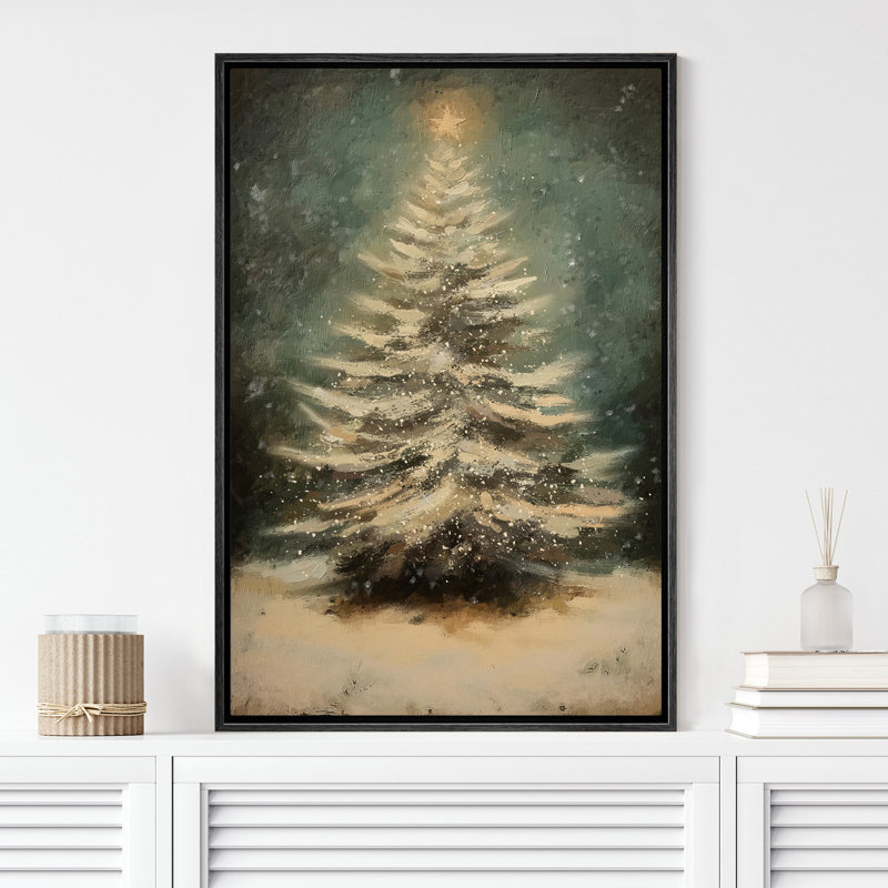 Reproduction d'art sur toile rétro, pin vert de Noël, neige, hiver, vacances, H 36 po x l 24 po, Cadre flottant noir