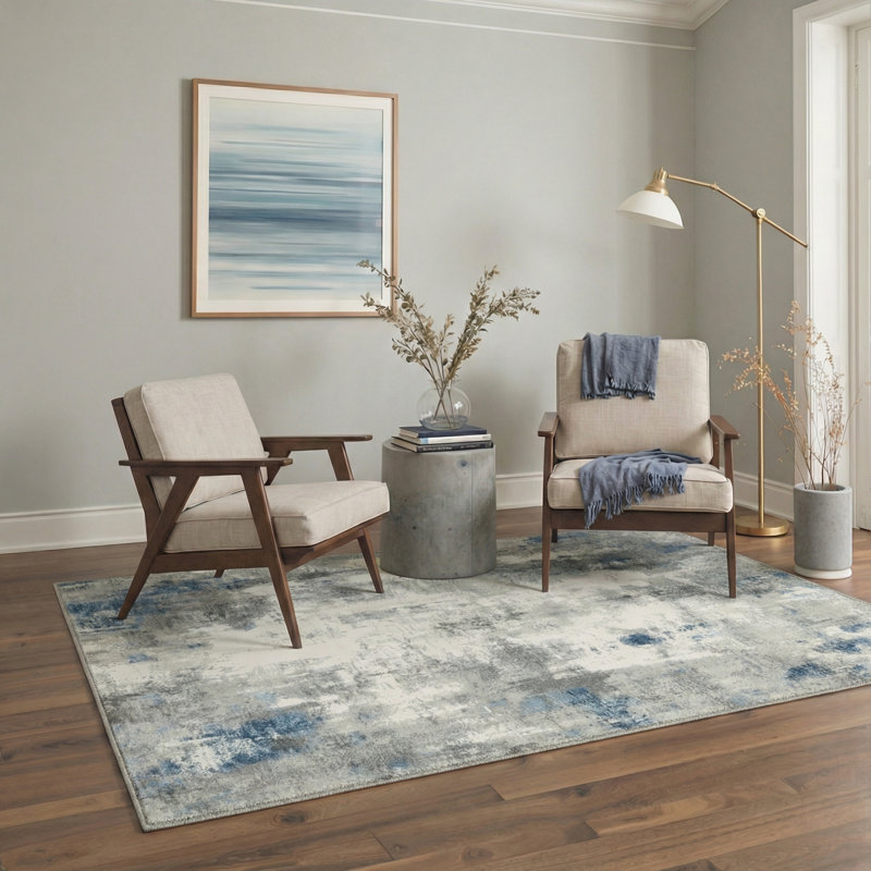 Atlas Modern Abstract Machine Washable Gray / Blue / White Indoor Area Rug with Non-Slip Backing, Rectangle 6' x 9'