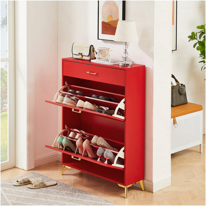 Shoe Storage Cabinet For Entryway, Free Standing Shoe Organizer With 2 Flip Drawers, Hidden Shoe Rack Storage Organizer For Doorway Hallway Closet, Red