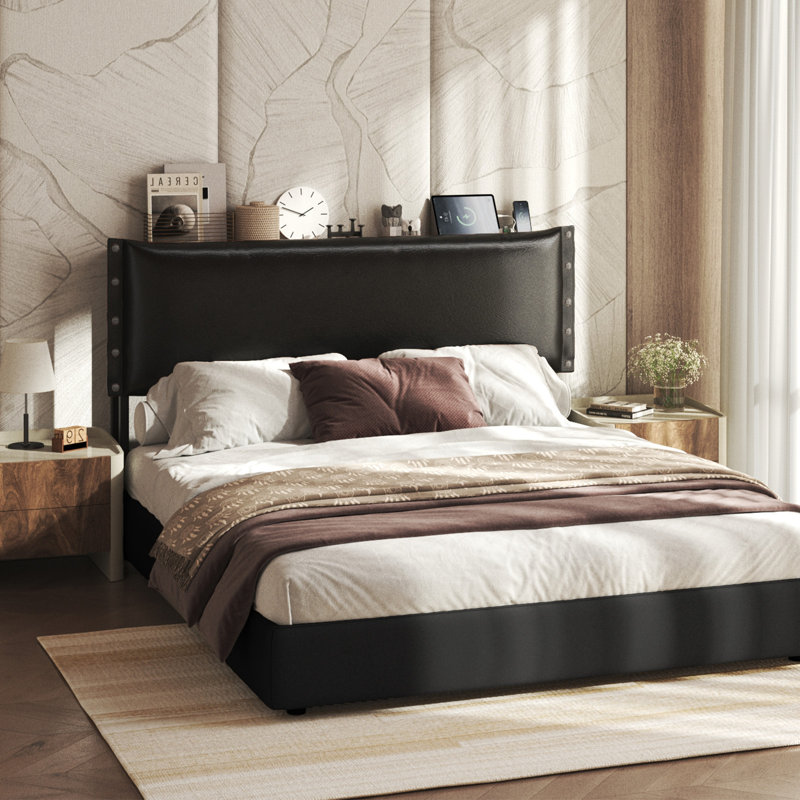Headboard for Queen Size Bed,Retro Oil-Waxed Leather Upholstered Head Board with Smart LED Lights (60,000 DIY Colors), Hidden Storage & USB/Type-C Ports, 3-Level Height Adjustable