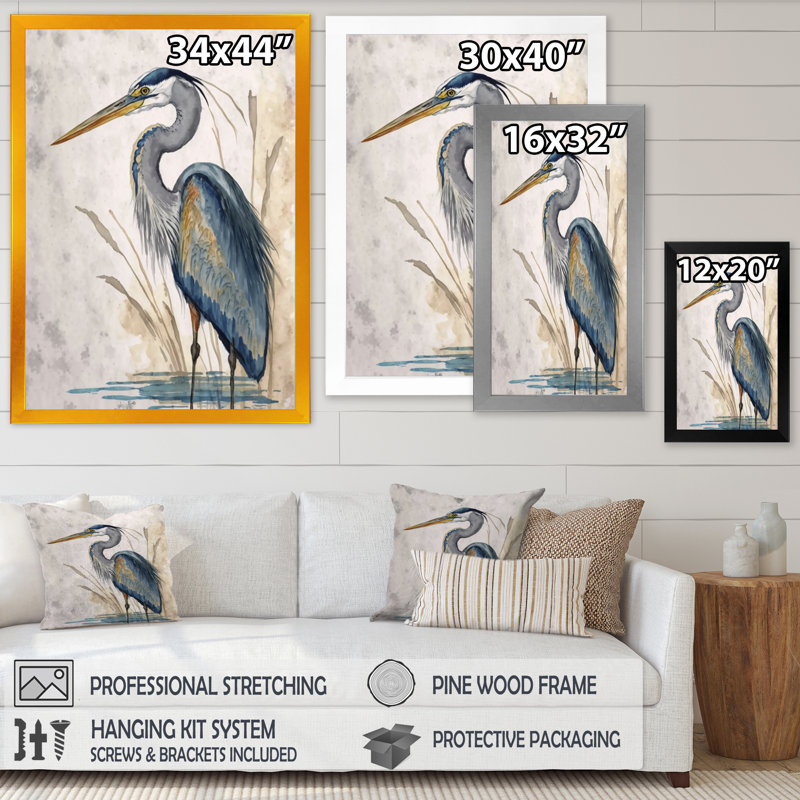 «Passabe Heron By The Waterside Watercolor II», reproduction d'art sur toile, H 20 po x l 12 po, Toile avec cadre photo, Doré