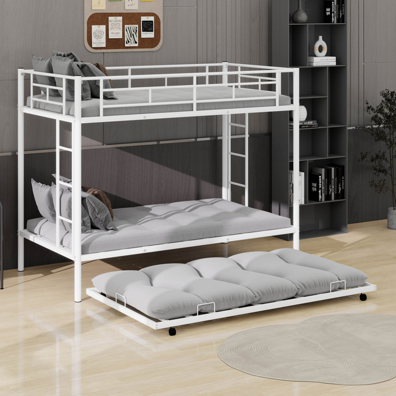 Metal Twin Over Twin Bunk Bed With Trundle, Ladder And Safety Guardrails, White