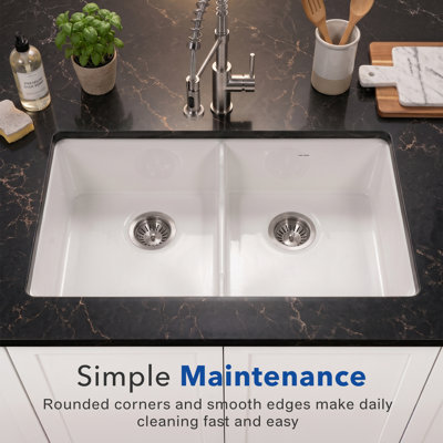 Platus 32.2'' L Double Bowl Fireclay Kitchen Sink