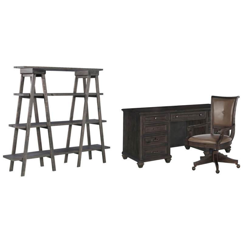 Credenza With Chair And Bookshelf, 3 Pieces: Desk, Chair, Bookshelf, Weathered Charcoal