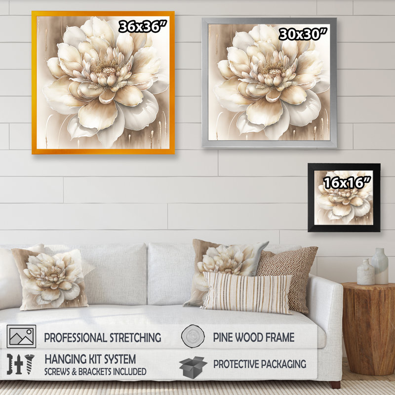 Simple fleur beige II - impression murale sur toile à motif floral, H 24 po x l 24 po x P 1 po, Cadre noir