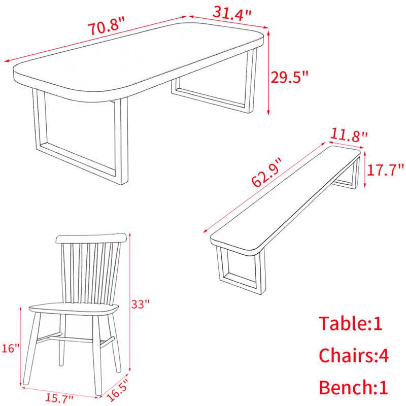 Nordic style solid wood dining table set, 29.5"H x 70.8"L x 31.4"W