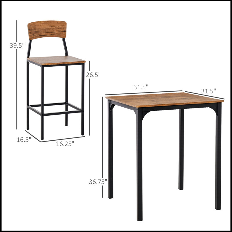 Ensemble de table de bar 3 pièces, ensemble de table de salle à manger à hauteur de comptoir industriel, table de bar et chaises avec pieds
