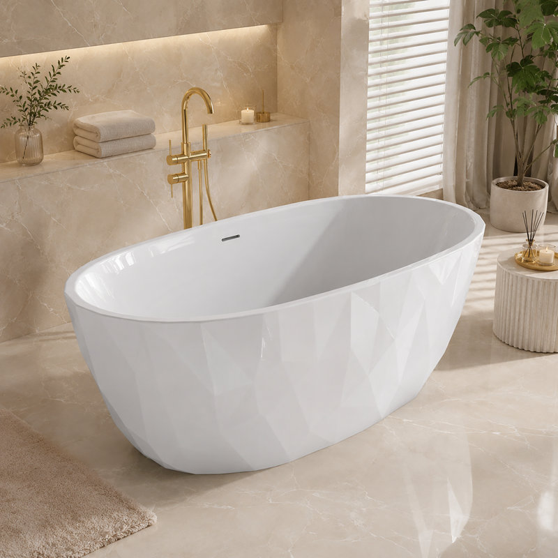 59" Glossy White Acrylic Geometric Diamond-Cut Freestanding Bathtub With Integrated Slotted Overflow And Center Drain - Modern Architectural Soaking Tub