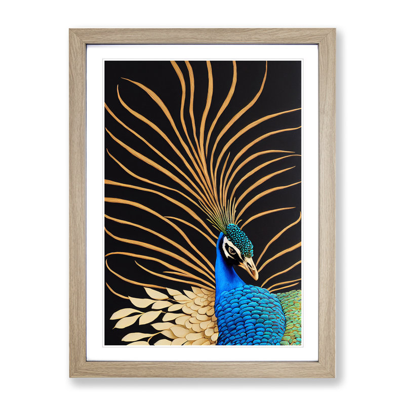 Striking Peacock Art No.4 - Framed Print, 64cm H x 46cm W, Oak