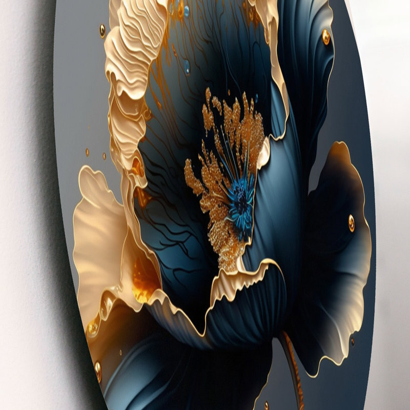 Bleu profond et fleur simple dorée IV - Art mural rond floral sur métal, L 16 po x H 16 po