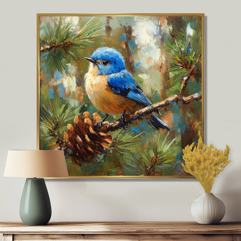 «Cheery Bluebird In The Pines II», art mural oiseau, Impression encadrée flottante, H 16 po x l 16 po, Or