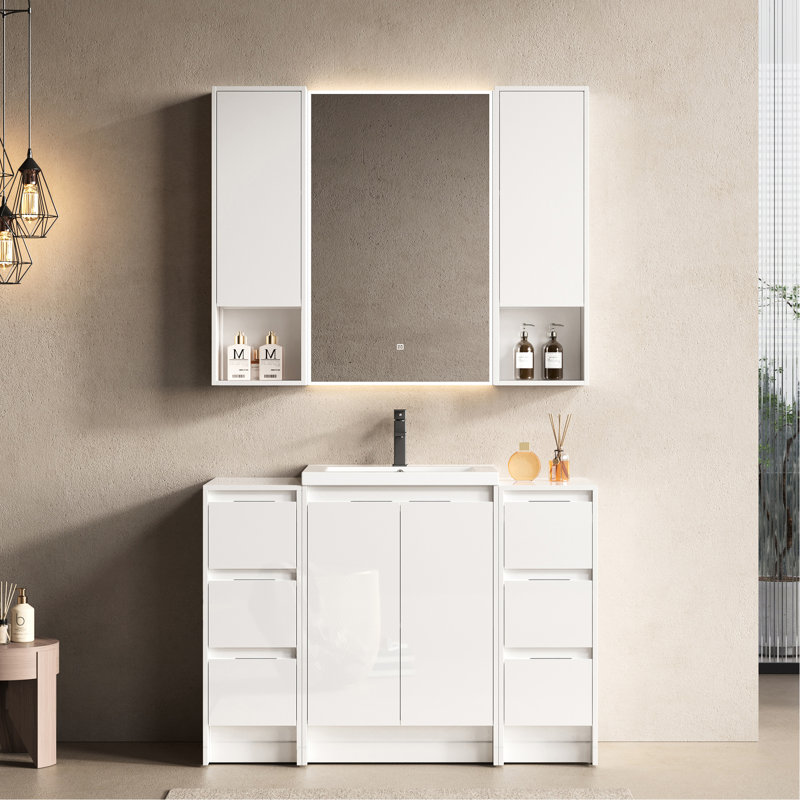 Meuble-lavabo autoportant de 48 po avec lavabo en résine, 2 rangements, deux armoires murales, système de fermeture en douceur, contreplaqué blanc brillant pour une mise à niveau de conception efficace