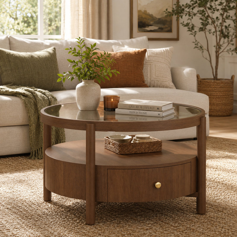 Table basse ronde de 29,5 po avec plateau en verre trempé, tablette de rangement à 2 niveaux et tiroir caché, table de salon moderne en bois brun noyer