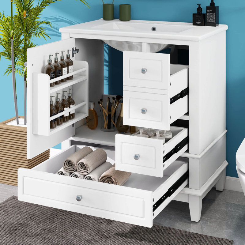 Meuble-lavabo 30 po avec lavabo en céramique, ensemble de meuble-lavabo simple autoportant, une porte avec tablette et trois tiroirs