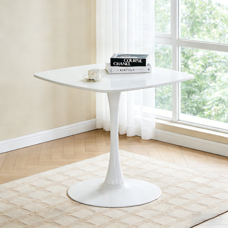 Square Dining Table with Metal Pedestal, White, 28.93" H x 31.5" L x 31.5" W, White