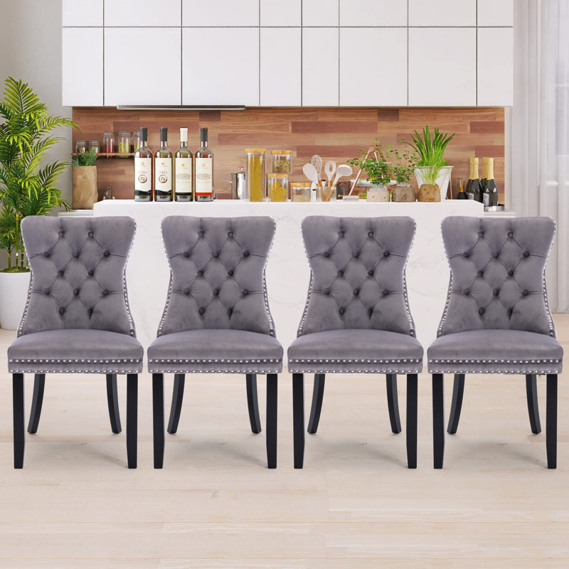 Chaises de salle à manger, chaise de salle à manger rembourrée haut de gamme avec anneau clouté, Noir, Velours gris velours