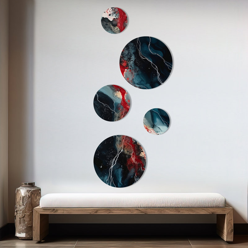Ensemble de 5 décorations murales encre liquide bleue et rouge captivante I