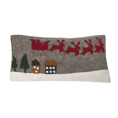 Hand Felted Wool Christmas Pillow Cover, Sleigh with Village, 12x24