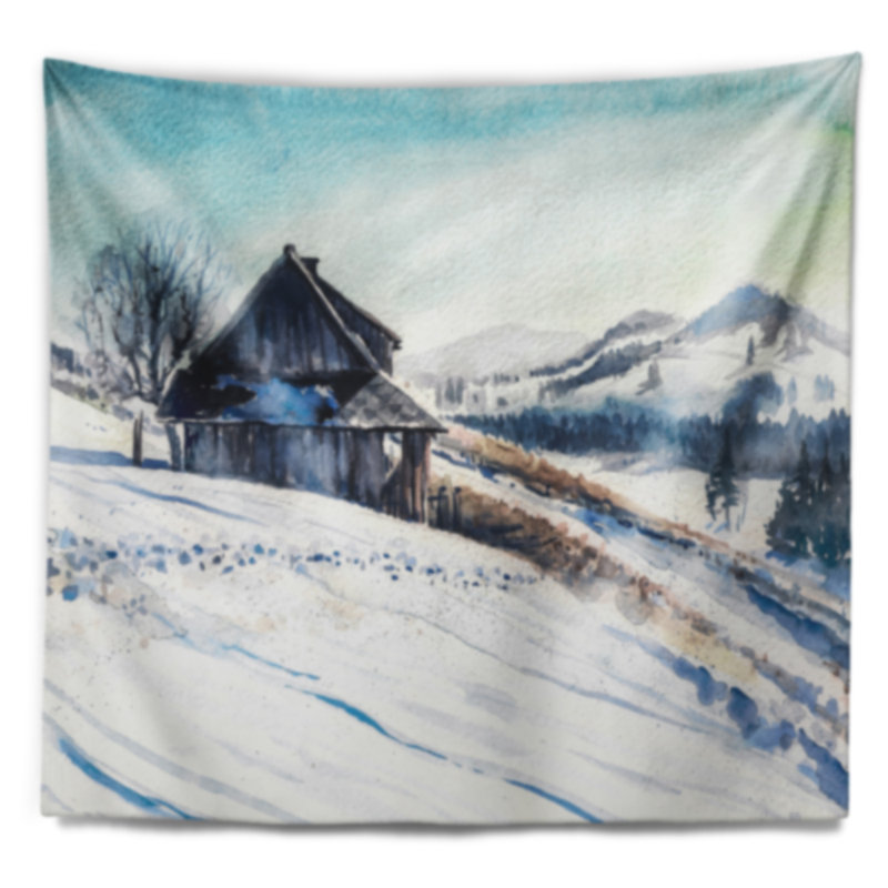 Tapisserie aquarelle paysage montagnes d'hiver, H 50 po x l 60 po