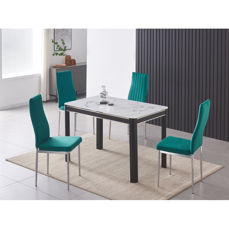 Hannahs White Marble Effect Dining Table With 4 Monza Velvet Chairs, Green