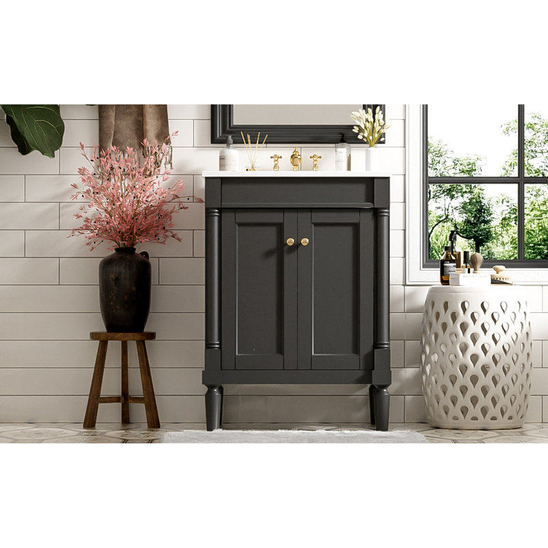 De salle de bain avec lavabo, meuble de rangement moderne à 2 niveaux, meuble-lavabo simple avec grandes tablettes de rangement.