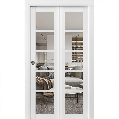 Sliding Closet Bi-fold Doors 28 x 84 Quadro 4522 White Silk with Clear Glass Sturdy Tracks Moldings Trims Hardware Set Wood Solid Bedroom Wardrobe Doors