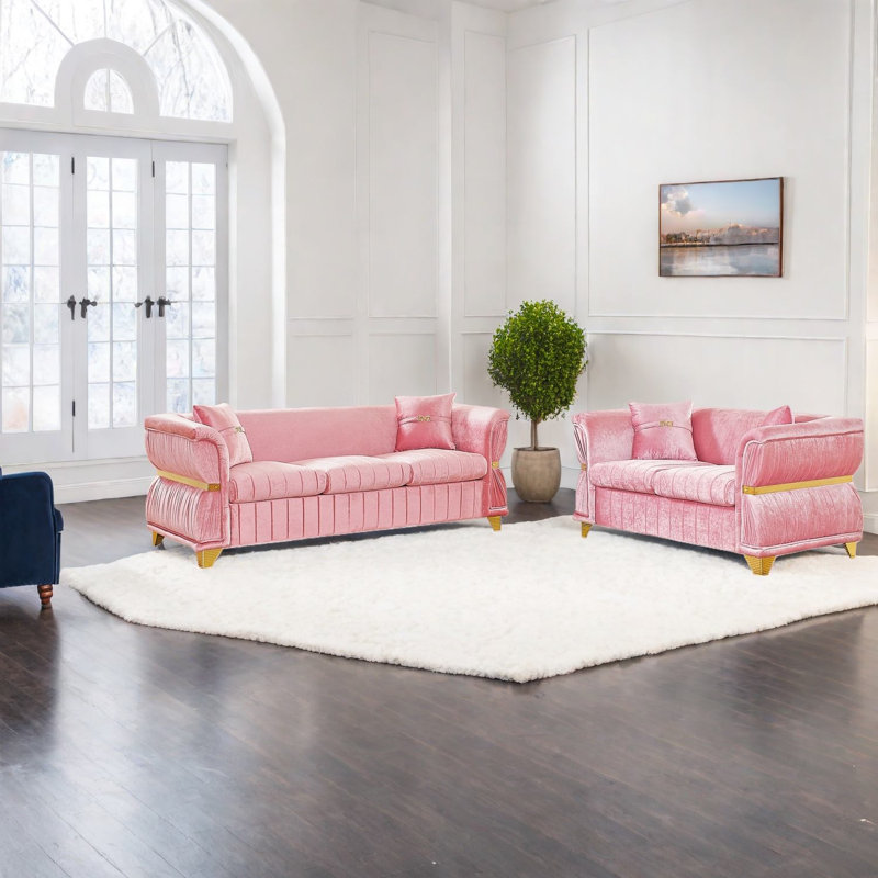 Ensemble de canapés modernes en velours rose 3 et 2 places avec garniture en métal doré pour la maison