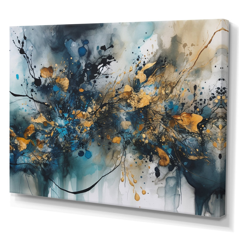 Encre liquide bleue et dorée captivante - art abstrait marbre, Toile tendue, H 16 po x l 32 po x P 1 po