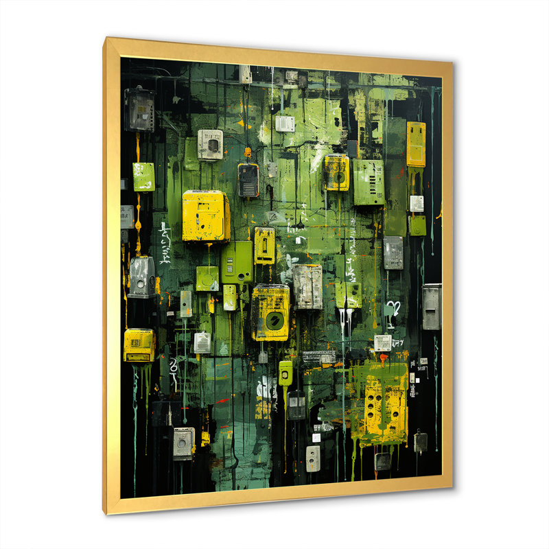 «Green Maya Shapes Mask III» - Décoration murale abstraite, Encadrement doré, H 40 po x l 30 po x P 1,5 po
