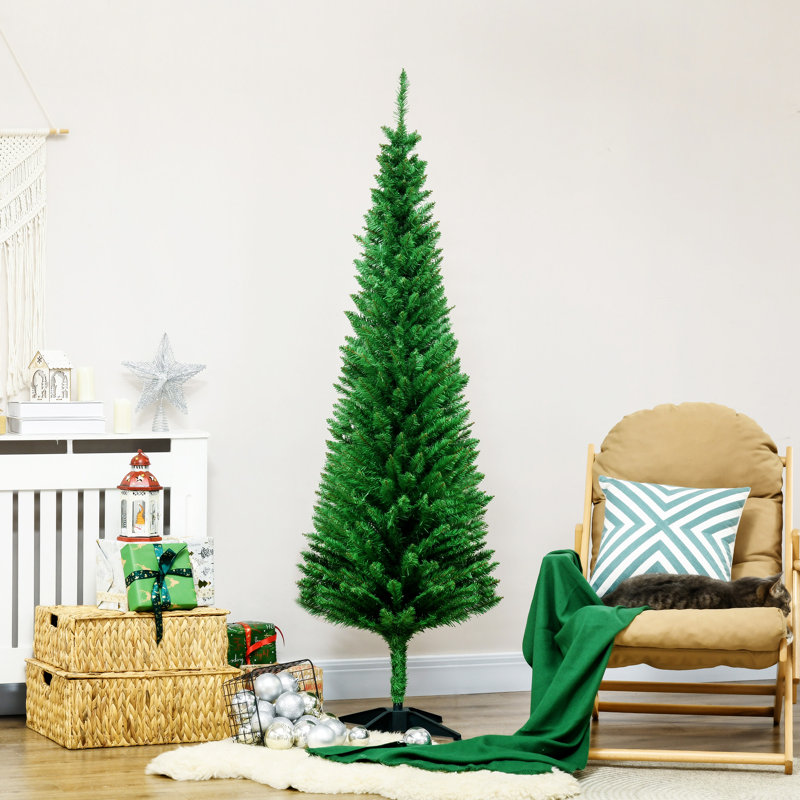 5' Artificial Pencil Christmas Tree, Slim Xmas Tree With 294 Realistic Branch Tips And Plastic Stand, Light, 6'