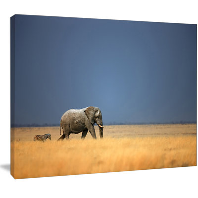 «Elephant and Zebra Walking in Bush», reproduction de photo sur toile tendue