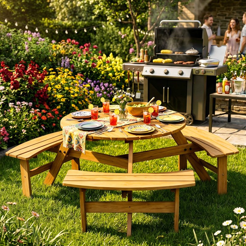 Ensemble de table de pique-nique 6 personnes avec 3 bancs intégrés et trou pour parasol, jaune, Jaune