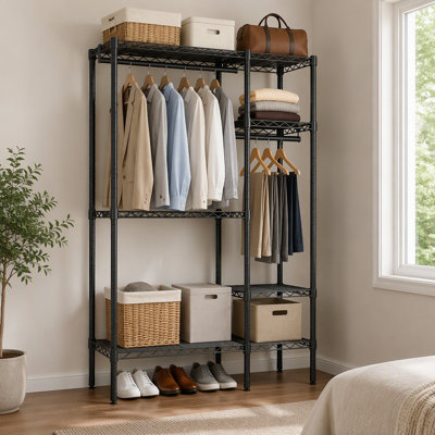 Portant à vêtements robuste, organisateur de placard autoportant, portant en métal portable, étagère métallique réglable avec 6 tablettes et 3 barres de suspension, noir