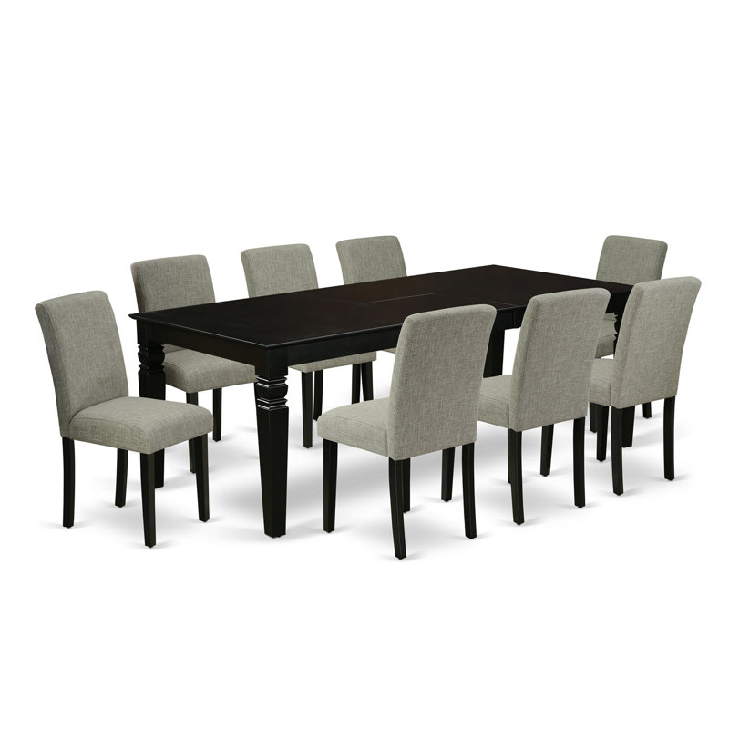 Ensemble de salle à manger 9 pièces comprenant une table rectangulaire en bois avec feuille papillon et 8 chaises parsons en tissu Shitake, noir