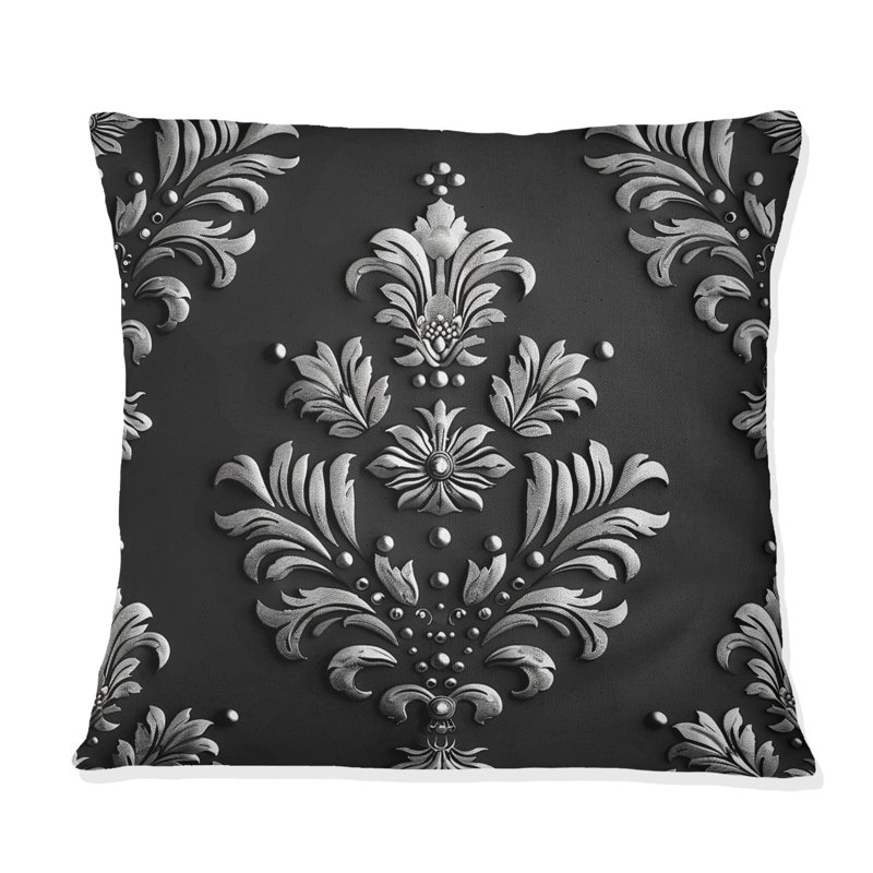 Coussin lombaire damassé noir, argent et glamour, H 16 po x l 16 po, Carrée
