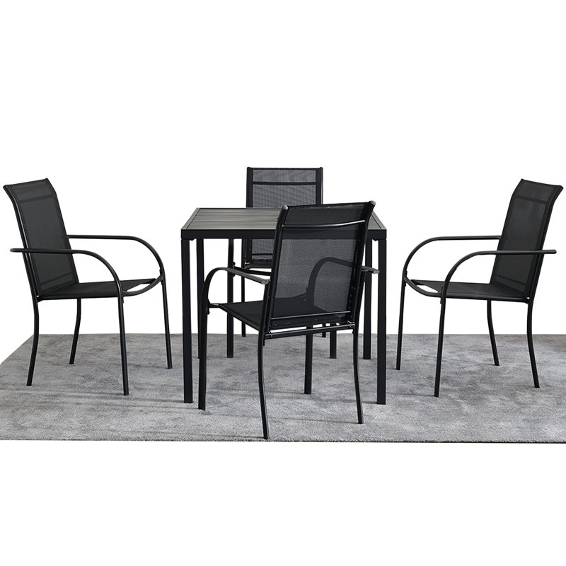 Ensemble de salle à manger 5 pièces pour l'extérieur, table de patio carrée en métal 35,5 po avec 4 chaises noires, table noire avec trou de parasol pour jardin, cour, patio