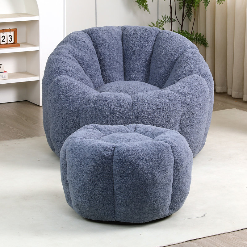 Compression 40"W Comfy Pumpkin Bean Bag Couch Sofa Chair,Soft Teddy Fabric Bean Bag Chair With Ottoman, Light Blue Teddy