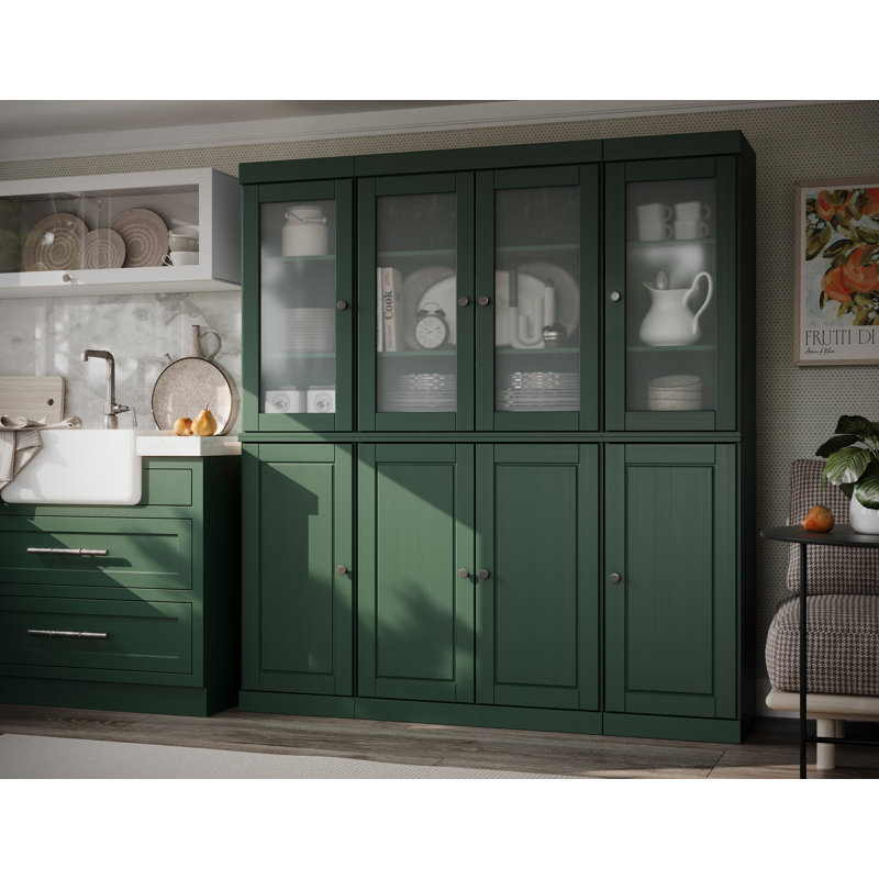 Vaisselier 100% bois massif 65 "avec verre givré, portes solides et tablettes réglables, Vert