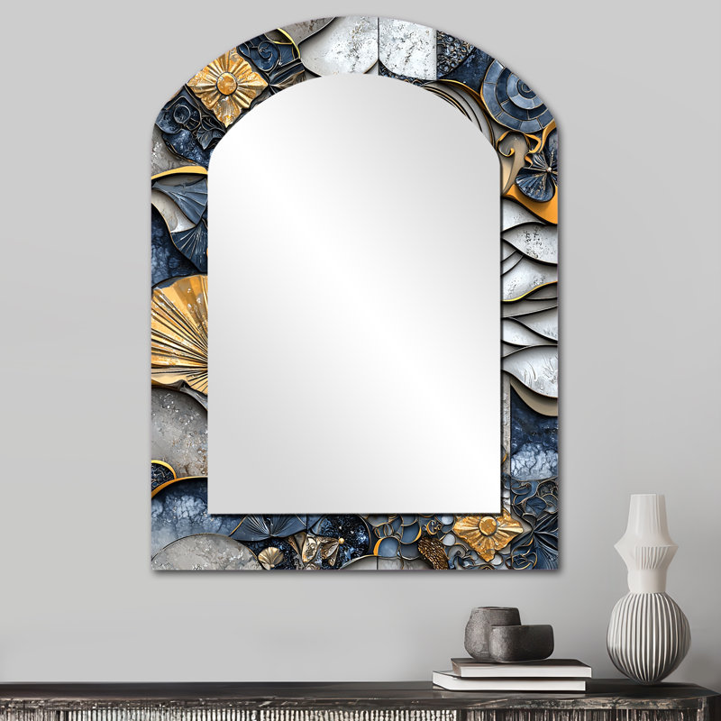 Carreaux abstraits bleu et gris côtier II - grand miroir asymétrique abstrait, miroir mural décoratif arche moderne, impression d'art en métal