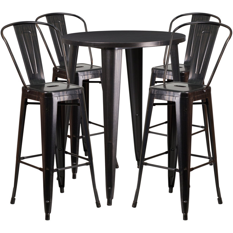 Williamston Round Metal Indoor-Outdoor Bar Table Set with 4 Cafe Stools, Black/Antique Gold, 41" H x 30" W x 30" L