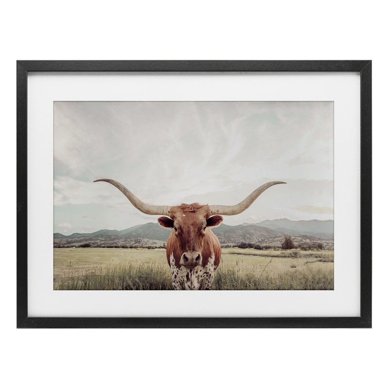«Longhorn Portrait Open Meadow», reproduction d'art encadrée sous verre, design par Sissi et Seb, H 17 po x l 23 po