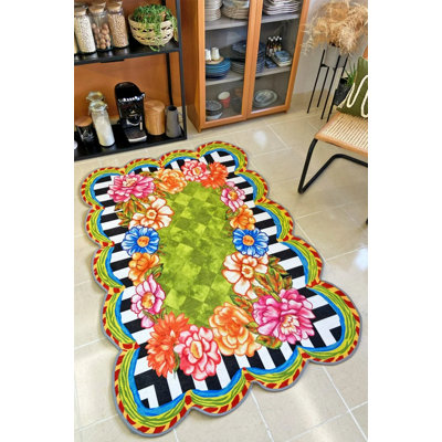 Floret Digital Print Carpet Green Color Floral Design Polypropylene Cotton Area Rug