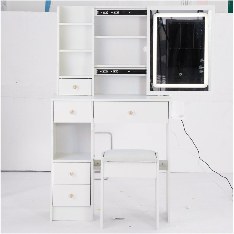 29.2" Small Size Left Drawer Desktop Vanity Table + Cushioned Stool, 2 AC+2 USB Power Station, Hair Dryer Bracket, Extra Large Touch Control Sliding LED Mirror, Tri-Color Switching, Brightness Adjust