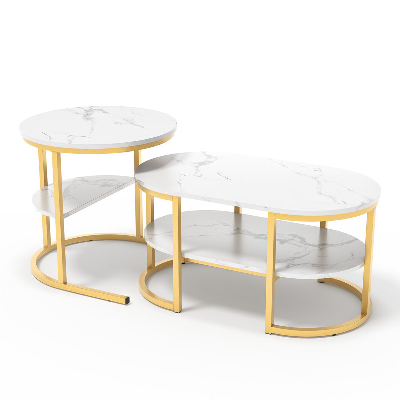 80Cm Modular Coffee Table Set (Set Of 2), Interlocking Round Side Table & Oval Table With Shelf,, Gold