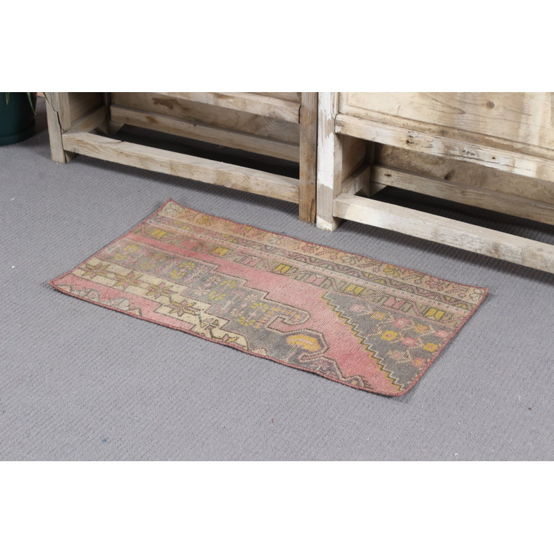 Vintage Turkish Handwoven Wool Rug in Pink for Small Entryway Decorations and Boho Style Interiors