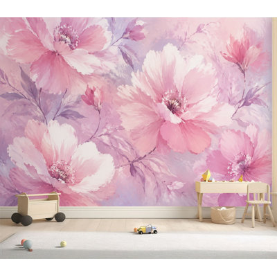 Papier peint adhésif mural romantique, peinture florale rose pastel doux, papier contact adhésif amovible, décoration murale pour salon, chambre à coucher H 69 po x l 96 po
